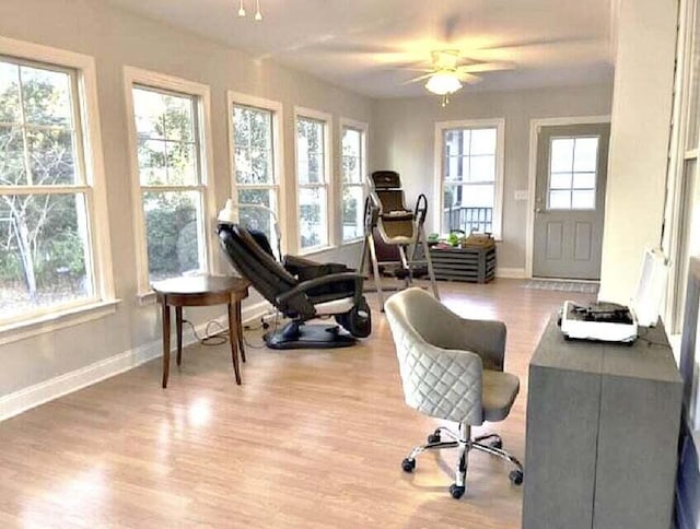 home office featuring ceiling fan, plenty of natural light, and light hardwood / wood-style flooring