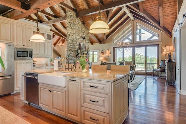 kitchen with decorative light fixtures, wooden ceiling, a notable chandelier, and stainless steel appliances