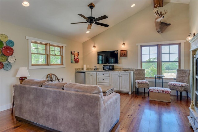 living room with ceiling fan, hardwood / wood-style floors, and plenty of natural light