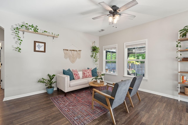 1606 Stovall Ct, Johns Island, SC 29455 - living area featuring baseboards, a ceiling fan, wood finished floors, and visible vents