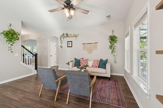 1606 Stovall Ct, Johns Island, SC 29455 - sitting room with arched walkways, baseboards, a ceiling fan, and dark wood-style floors