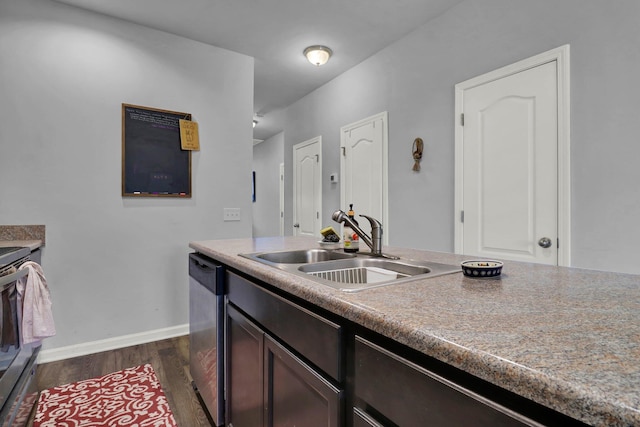 kitchen featuring dark brown cabinets, sink, dark hardwood / wood-style floors, and appliances with stainless steel finishes