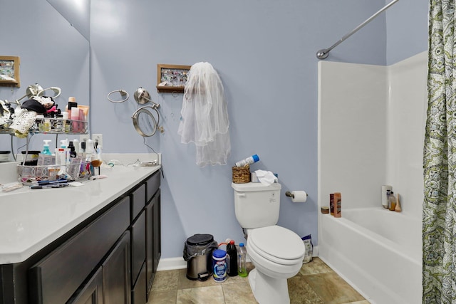 full bathroom with vanity, shower / bath combination with curtain, and toilet