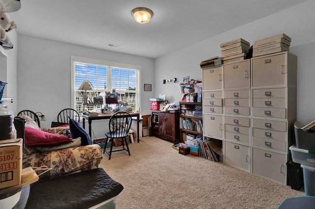 home office with light carpet