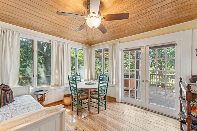 sunroom / solarium featuring ceiling fan, wooden ceiling, and vaulted ceiling