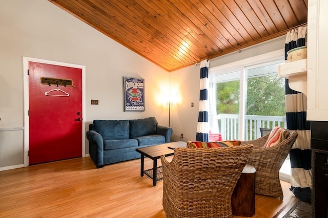 living room with vaulted ceiling, wooden ceiling, and light wood-type flooring