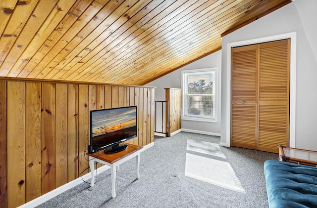 bonus room featuring carpet flooring, wooden ceiling, and lofted ceiling