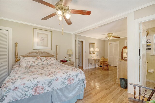 bedroom with crown molding, ceiling fan, and light wood-type flooring