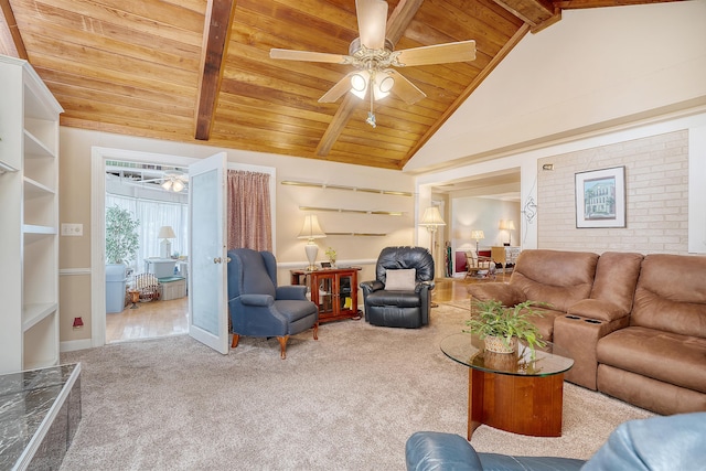 carpeted living room featuring high vaulted ceiling, ceiling fan, beamed ceiling, and wooden ceiling