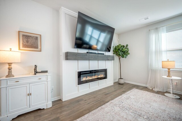 705 Squire Pope Rd, Summerville, SC 29486 - living room featuring wood finished floors, a glass covered fireplace, and baseboards