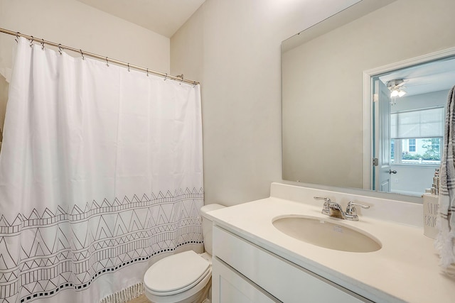 full bathroom featuring toilet, curtained shower, and vanity