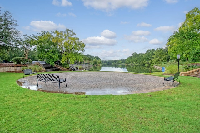 view of property's community featuring a water view and a yard