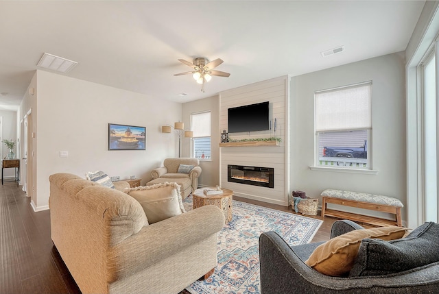 living room with a fireplace, plenty of natural light, dark wood-style floors, visible vents, and ceiling fan