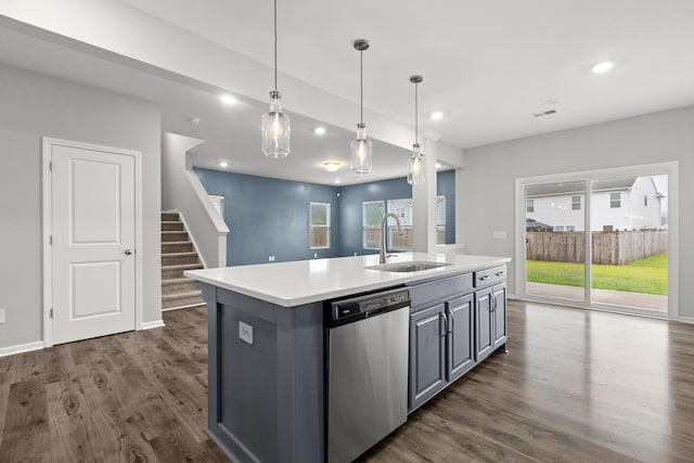 514 Purple Finch Rd, Summerville, SC 29486 - kitchen featuring dishwasher, a sink, gray cabinetry, dark wood finished floors, and plenty of natural light