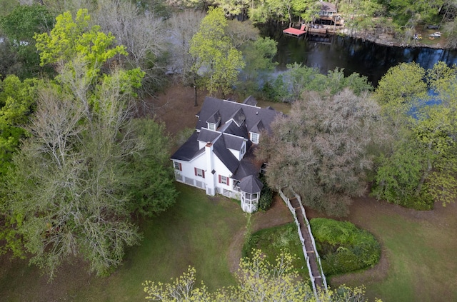 aerial view featuring a water view