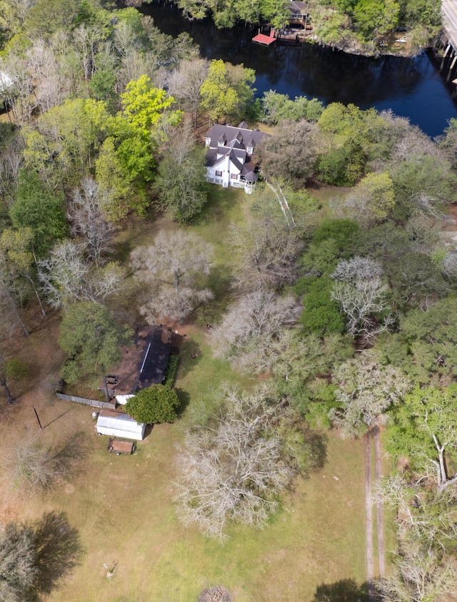 birds eye view of property featuring a water view