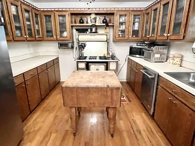 kitchen with stainless steel appliances, light hardwood / wood-style flooring, and a kitchen island