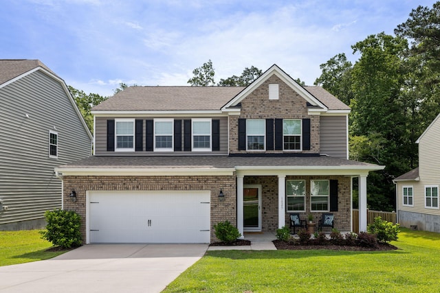 1825 Crossbill Trl, Hanahan, SC 29410 - craftsman house featuring covered porch, a front yard, driveway, a garage, and brick siding