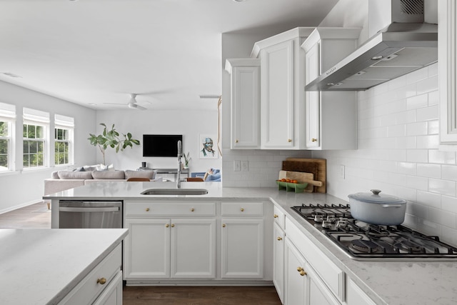 1825 Crossbill Trl, Hanahan, SC 29410 - kitchen with wall chimney range hood, appliances with stainless steel finishes, a sink, open floor plan, and dark wood finished floors