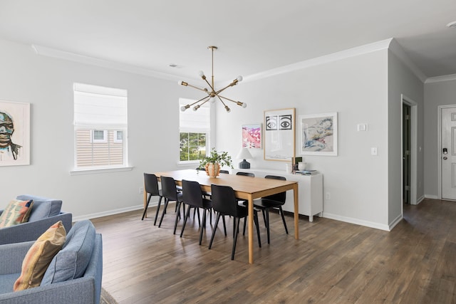 1825 Crossbill Trl, Hanahan, SC 29410 - dining room with a chandelier, crown molding, dark wood-type flooring, and baseboards