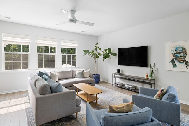1825 Crossbill Trl, Hanahan, SC 29410 - living room featuring wood finished floors, a ceiling fan, and baseboards