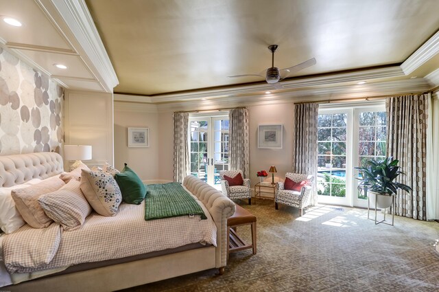 carpeted bedroom featuring ceiling fan, access to outside, multiple windows, and french doors