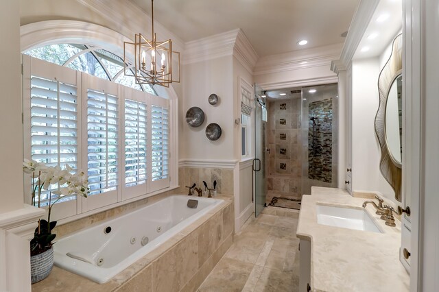 bathroom featuring plus walk in shower, crown molding, tile flooring, a notable chandelier, and vanity with extensive cabinet space