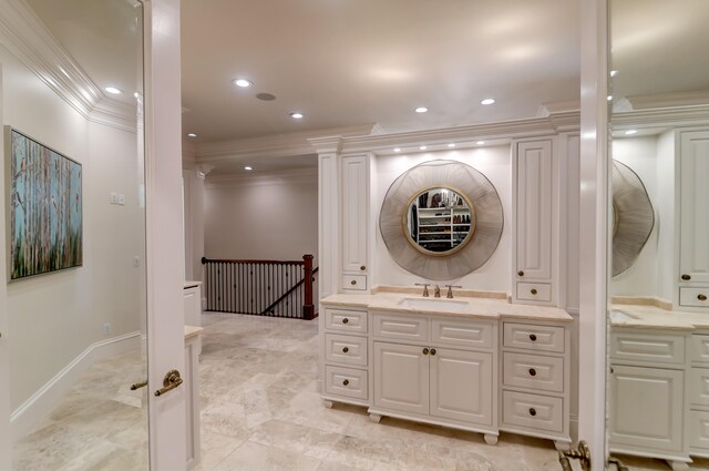 bathroom featuring vanity, tile flooring, and crown molding