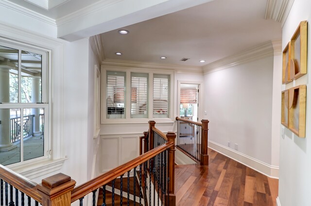 hallway featuring dark hardwood / wood-style flooring and ornamental molding