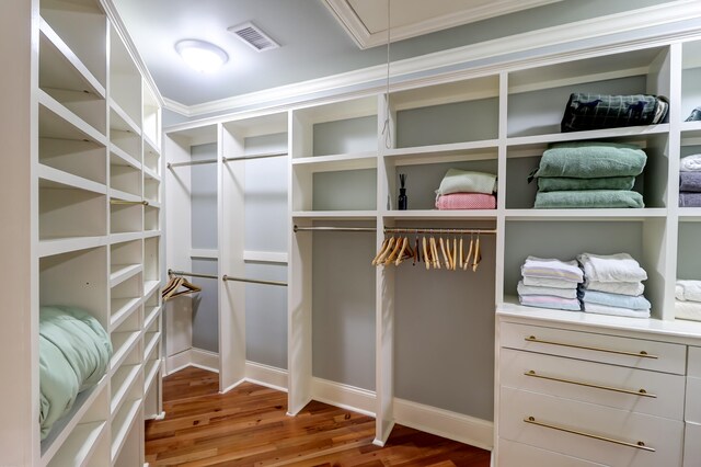 walk in closet with dark hardwood / wood-style flooring