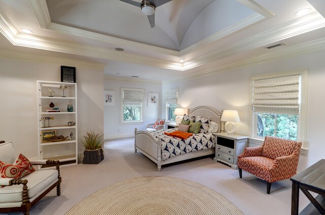 carpeted bedroom with a raised ceiling, crown molding, ceiling fan, and multiple windows