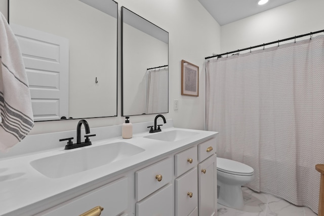 1828 Agate Bay Dr, Mount Pleasant, SC 29466 - full bathroom featuring marble finish floors, double vanity, toilet, a shower with shower curtain, and recessed lighting