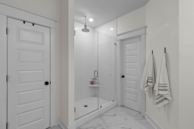1828 Agate Bay Dr, Mount Pleasant, SC 29466 - full bathroom with a shower stall, baseboards, marble finish flooring, and recessed lighting