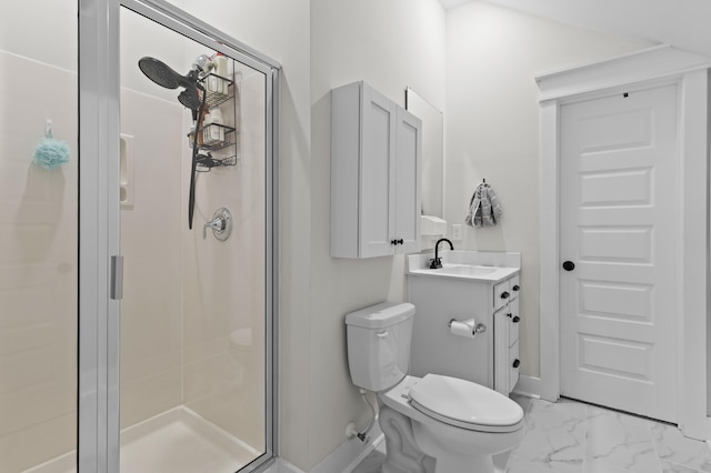 1828 Agate Bay Dr, Mount Pleasant, SC 29466 - bathroom with toilet, baseboards, a shower stall, vanity, and marble look tiles