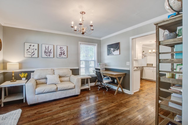 2916 Shadow Ln, North Charleston, SC 29406 - office area with a chandelier, ornamental molding, dark wood-style floors, and baseboards