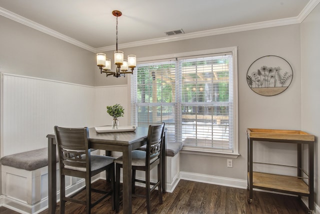 2916 Shadow Ln, North Charleston, SC 29406 - dining area featuring a chandelier, ornamental molding, dark wood-style floors, and baseboards
