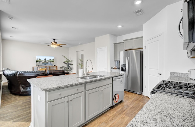 kitchen featuring stainless steel appliances, visible vents, gray cabinetry, a ceiling fan, and a sink