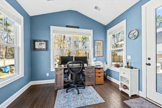 office area featuring lofted ceiling, a wealth of natural light, and dark wood-type flooring