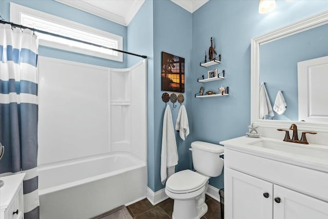 full bathroom featuring shower / tub combo with curtain, tile patterned flooring, vanity, ornamental molding, and toilet