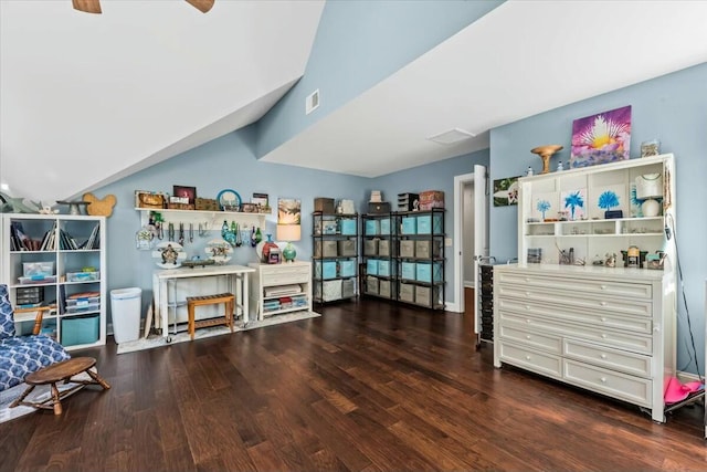 miscellaneous room featuring dark wood-type flooring and ceiling fan