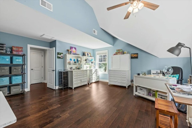 misc room featuring vaulted ceiling, dark hardwood / wood-style floors, and ceiling fan