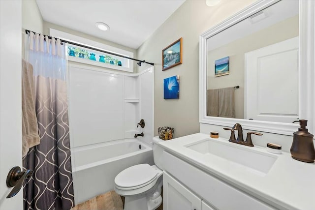 full bathroom featuring shower / bathtub combination with curtain, vanity, toilet, and wood-type flooring