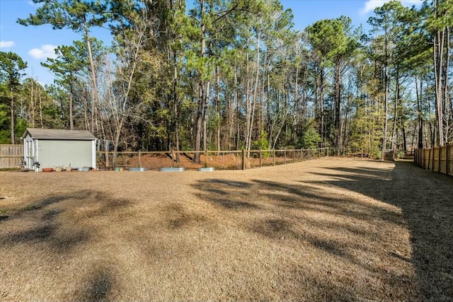 view of yard featuring a storage shed