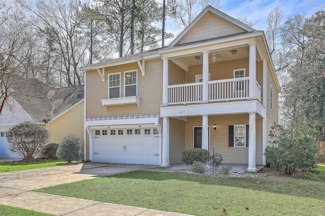 view of front facade with concrete driveway, covered porch, an attached garage, a front yard, and a balcony