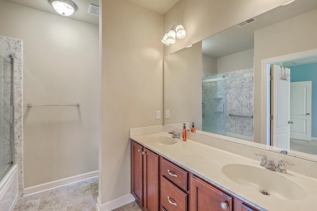 full bathroom with visible vents, a sink, baseboards, and double vanity