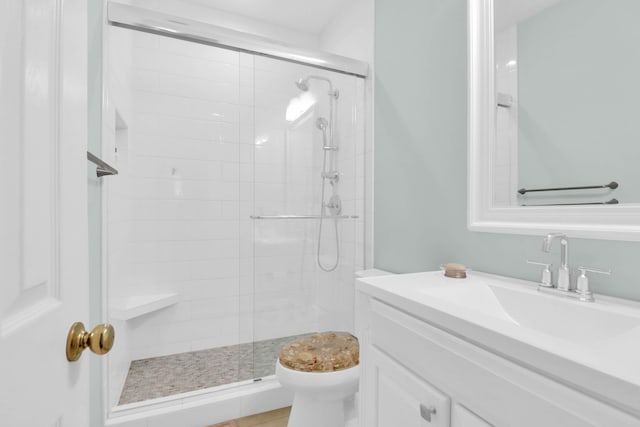 bathroom with toilet, vanity, and a shower stall