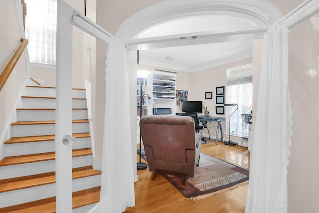 interior space with crown molding and wood finished floors