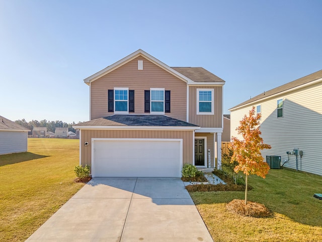 view of property with central AC, a front lawn, and a garage