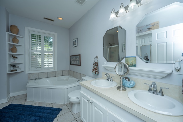 full bathroom featuring vanity, separate shower and tub, tile patterned flooring, toilet, and lofted ceiling