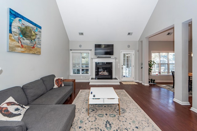 living room with dark hardwood / wood-style floors and high vaulted ceiling